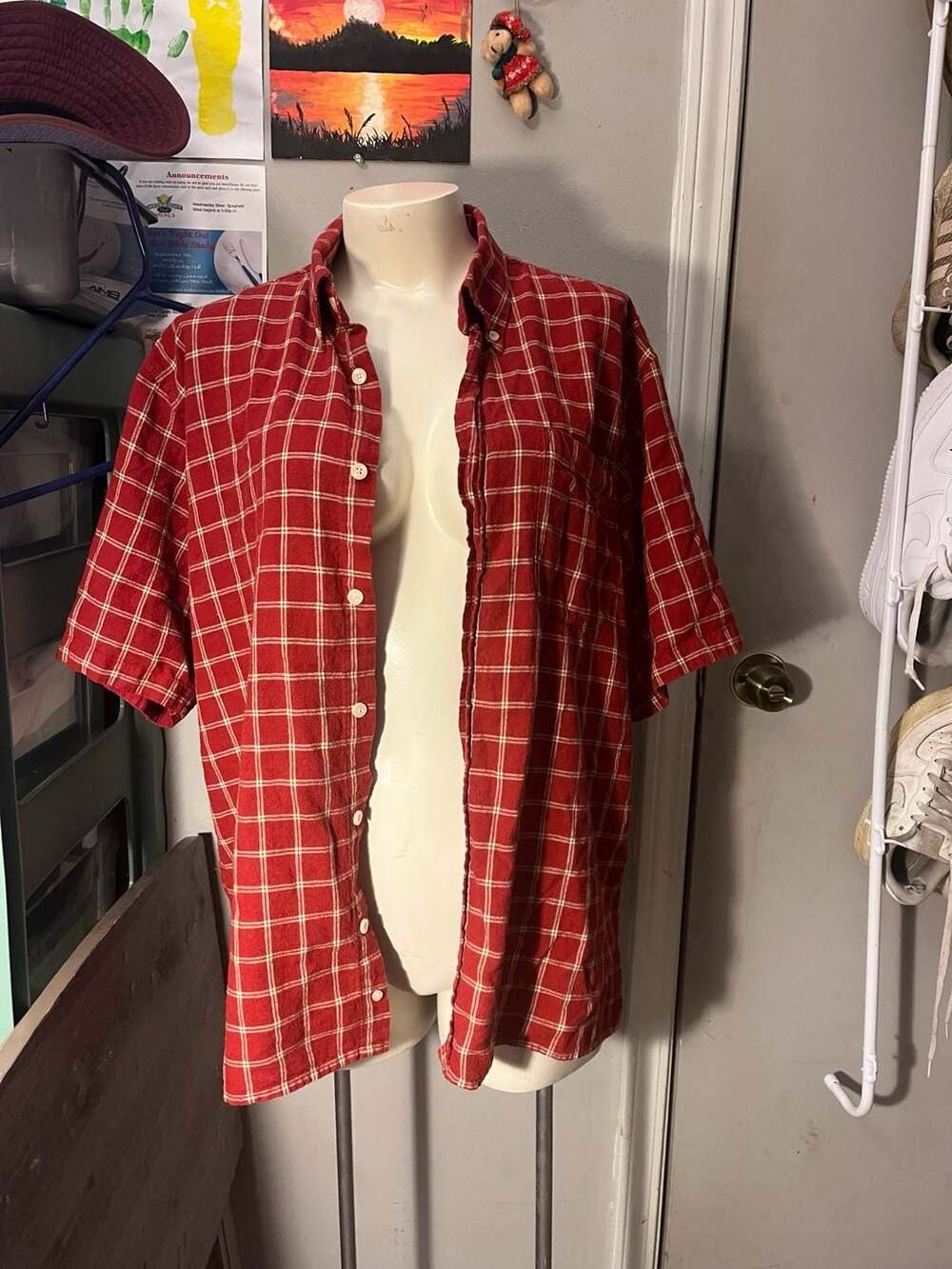 Foliage Short Sleeve Plaid Shirt Size M Red Linen Rayon